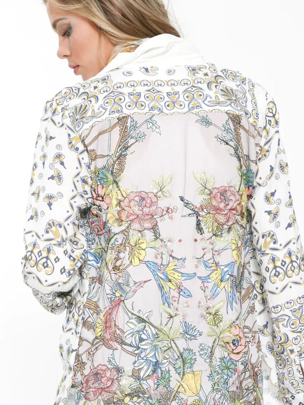 Aratta White Shirt with Multicolor Floral and Bird Print